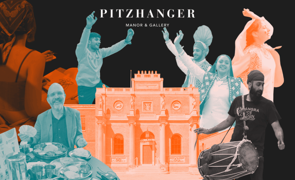 Collage of South Asian dancers, food, and artists surrounding Pitzhanger Manor, celebrating culture for South Asian Heritage Month.